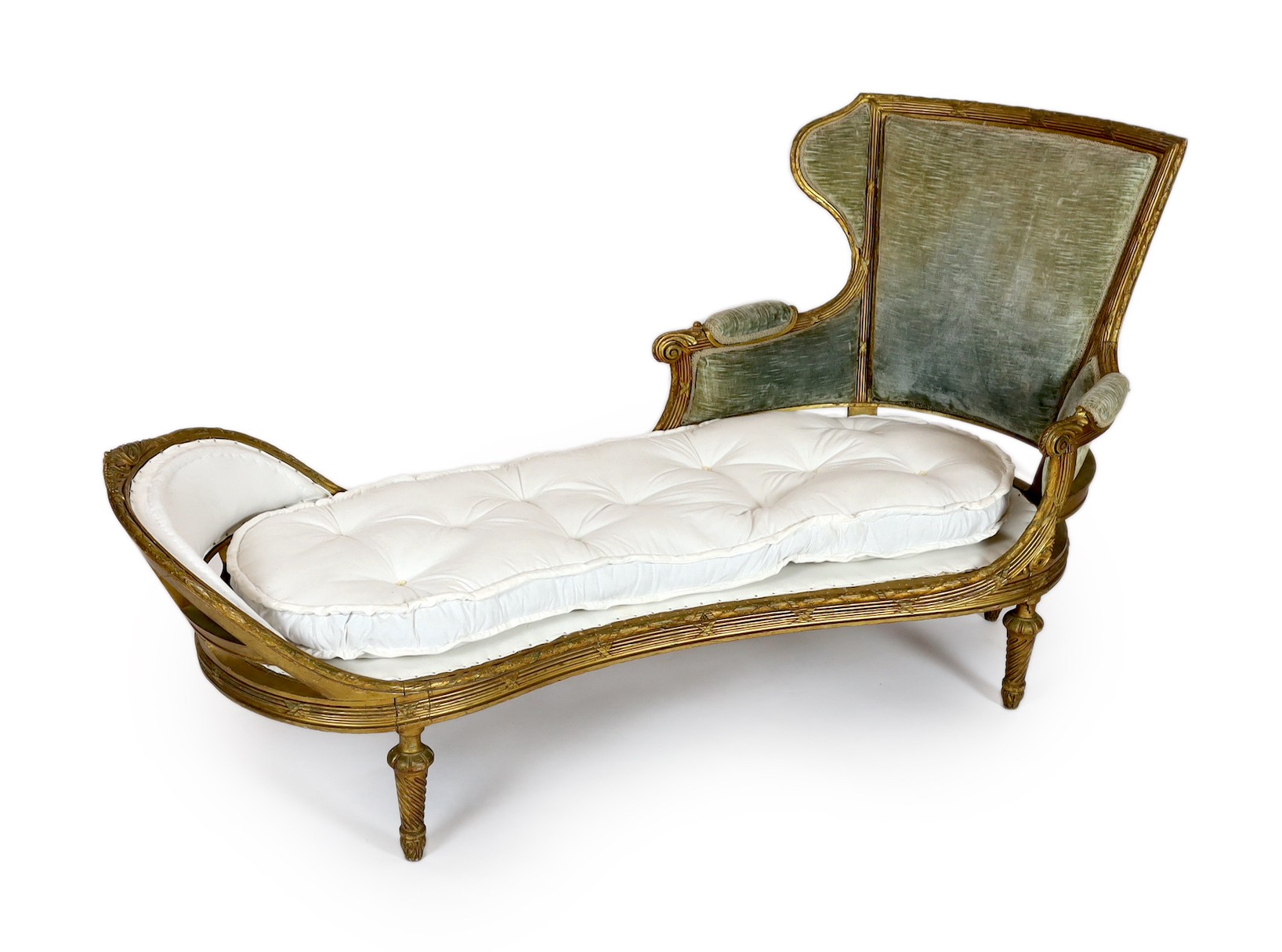 A 19th century Louis XVI style giltwood chaise longue, length 186cm depth 76cm height 95cm